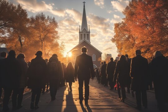 Faithful congregation on their way to the church for a religious worship service