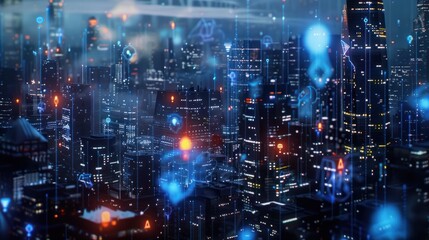 Fototapeta premium Night cityscape shows network connectivity with digital icons, reflecting a smart, advanced urban environment