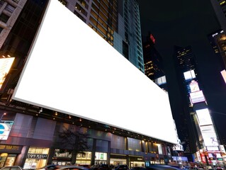 Night cityscape with a wide landscape horizontal square blank billboard in Times Square, New York City , blank, billboard, mock up, night, city, New York, Times Square, advertising