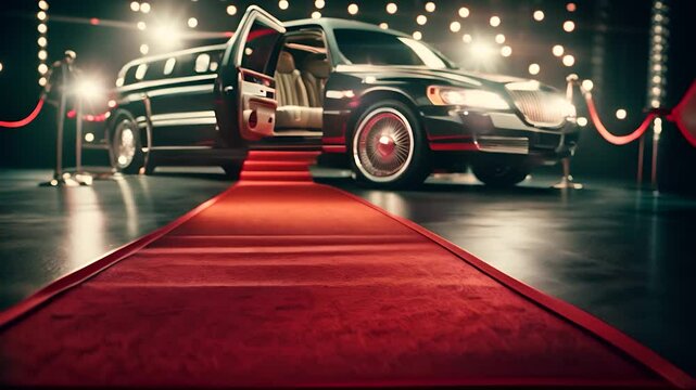 Luxury limousine and red carpet entrance at glamorous casino night event with sparkling lights and upscale decor