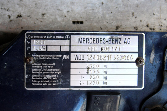 Vinnytsia, Ukraine; June 29, 2024. Old Classic car Mercedes W124 car VIN code. VIN number old car. Classic Car VIN Number. Vehicle identification number. 17-character number vehicle. Old VIN code.