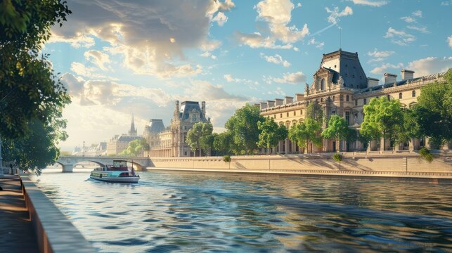 Pris cityscape with Louvre, boat and river Siene at summer, Paris, France