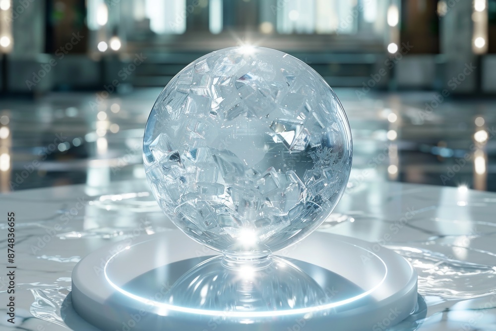 Poster Transparent glass globe on a sleek base in a futuristic indoor setting, showcasing advanced design and innovation.