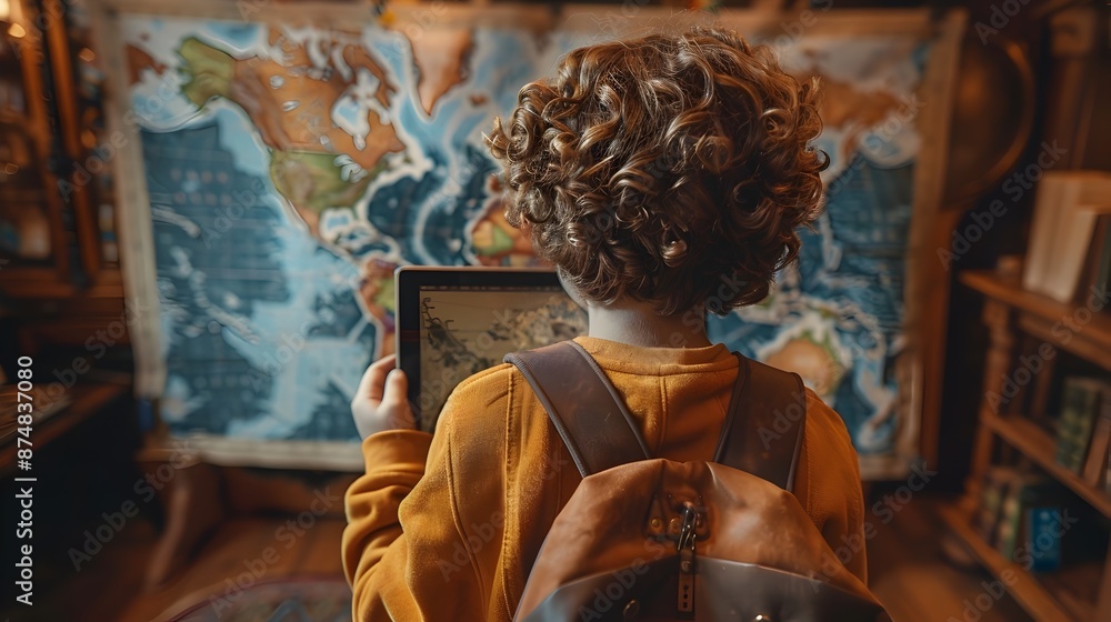 Poster student exploring interactive geography lessons with tablet for distance learning