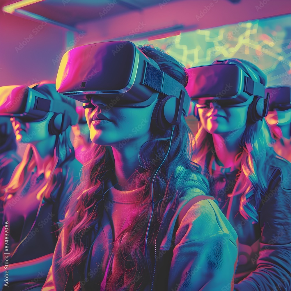 Poster immersive virtual reality classroom with students experiencing advanced digital learning environment