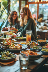 Friends enjoying healthy brunch with variety of food and drinks in restaurant © EdvvinStudios