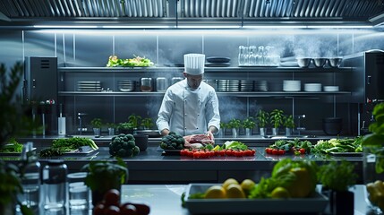 Chef Preparing Lab Grown Meat Meal in Modern Kitchen   Culinary Science Concept