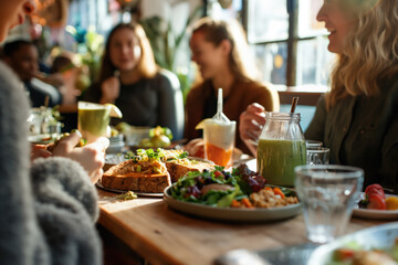 Group of friends enjoying healthy brunch together in restaurant