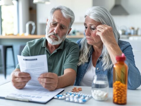Worried senior couple reading medical prescription at home AI.
