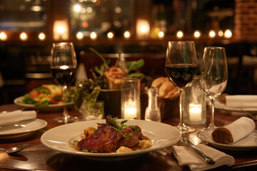 Romantic dinner for two with wine and delicious food served on restaurant table - Powered by Adobe