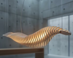 Wooden lamp resembling a wave. AI.