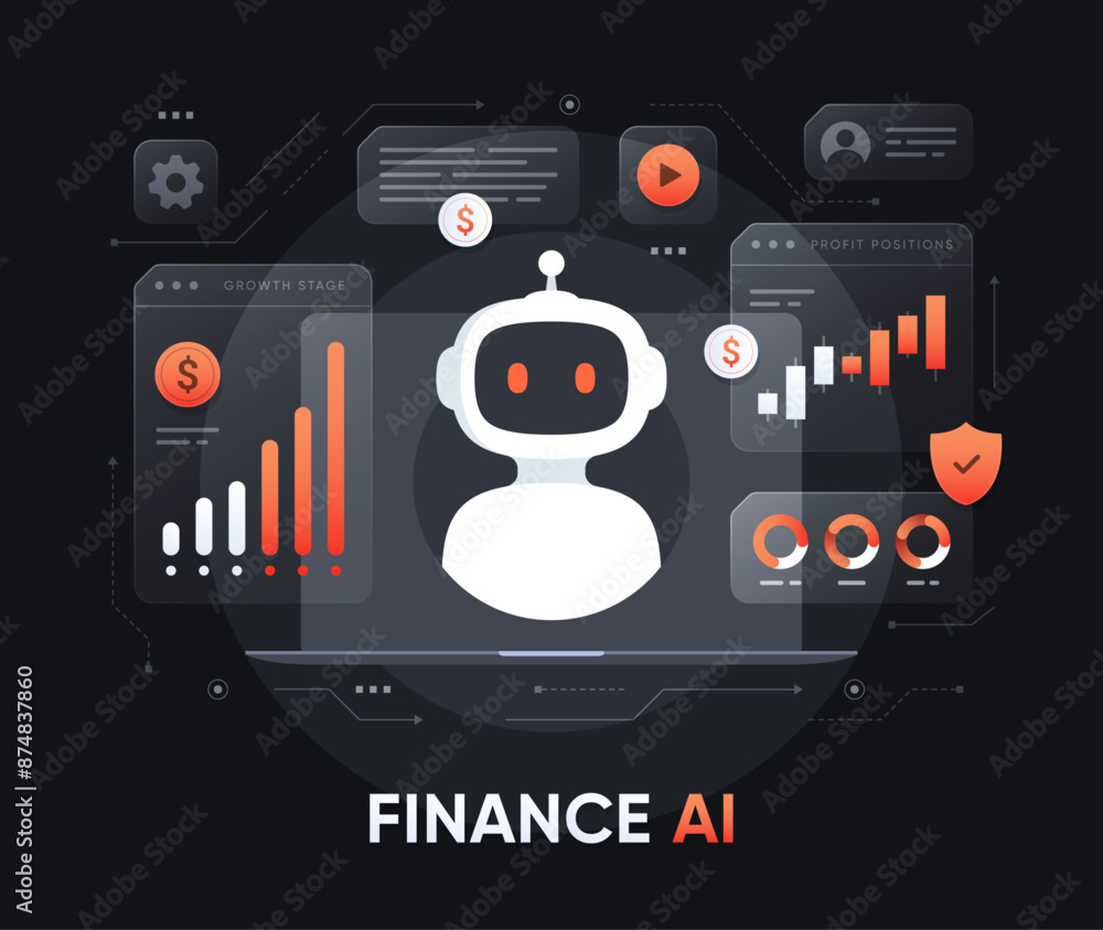 Poster finance service bot. robot with charts and bank technologies. artificial intelligence in financial t