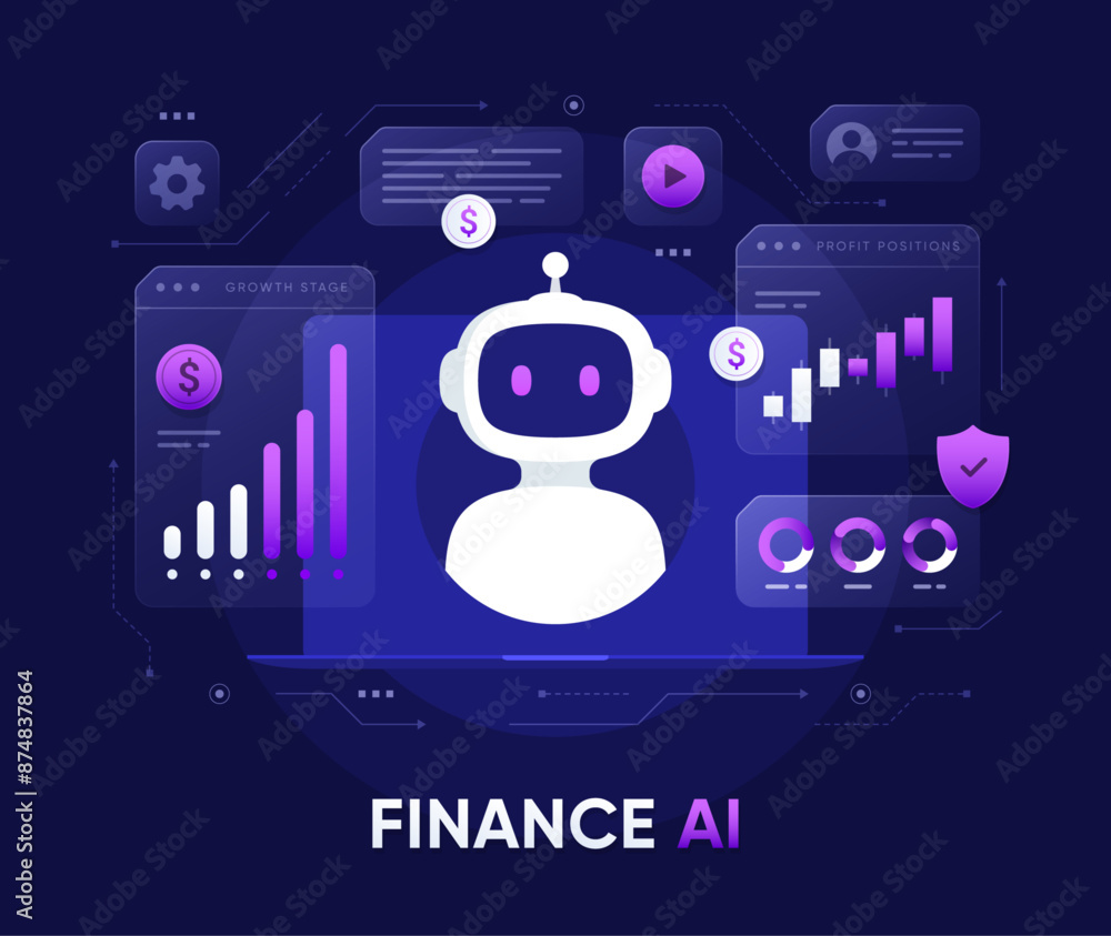 Poster finance service bot. robot with charts and bank technologies. artificial intelligence in financial t