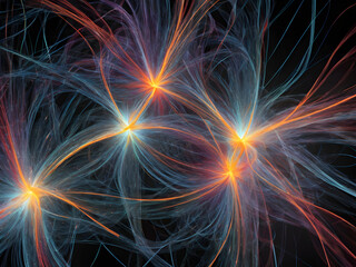 Abstract representations of quantum particles in motion, using light and color to illustrate the strange and fascinating nature of quantum physics.