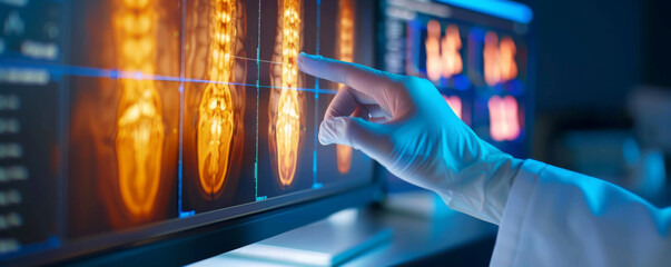 A doctor analyzing spinal X-rays on a large monitor using touch interface, showcasing modern healthcare technology.