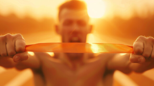 A fit young man exercising with a resistance band at sunset, demonstrating strength and fitness in a warm, golden outdoor setting.