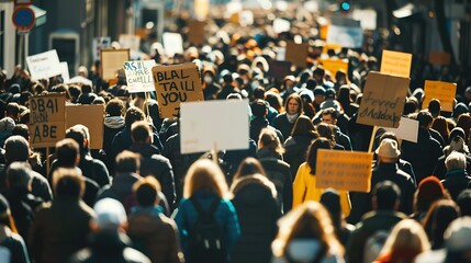 Obraz premium A crowd of people marching down a street, holding banners and signs