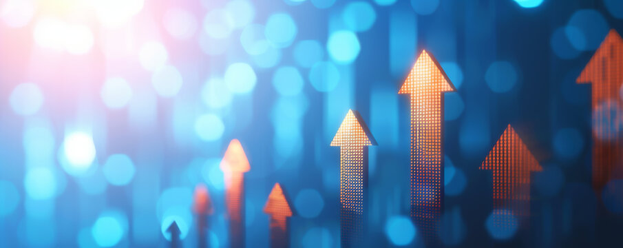 Abstract blurry background with upward-pointing arrows indicating growth and progress, illuminated by warm and cool lighting.