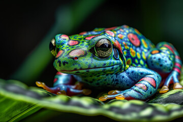 Obraz premium South America colorful frog sitting on leaf in rainforest