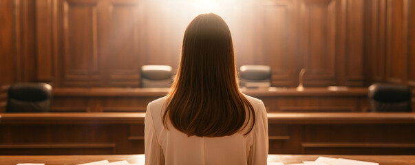Back view of a woman sitting in a courtroom, facing a judge's bench under warm lighting. Legal and justice concept.
