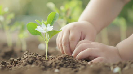 Fototapeta premium Close-up of a baby's hands touching soil next to a small flowering plant in a garden, symbolizing growth, nature, and early learning.
