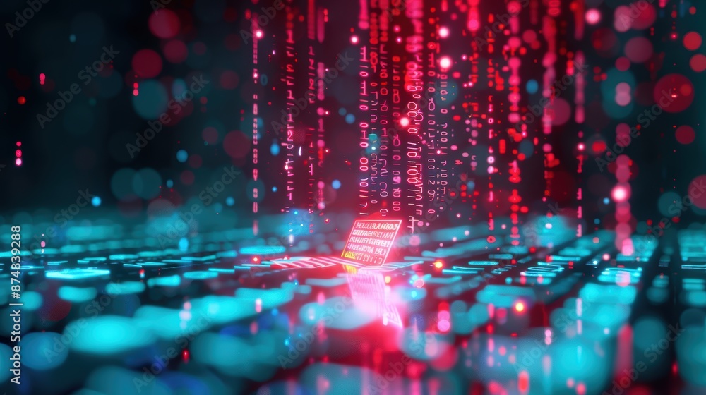 Poster an abstract image showcasing digital binary code overlaid with ominous red warning signs, illustrati