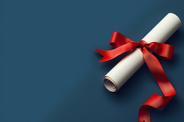 Graduation, flat design, close-up shot of a diploma scroll tied with a red ribbon, crisp lines and clear elements, rich and contrasting shades, ideal for educational graphics, clean and professional