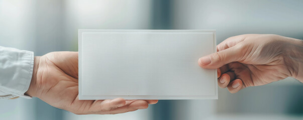 Close-up of two hands exchanging a white envelope. Concept of communication, message delivery, or confidential information transfer.