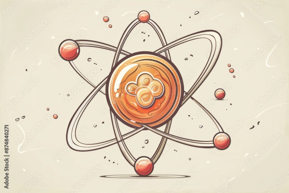 Poster creative depiction of an atom with swirling particles, representing the fundamental building blocks 