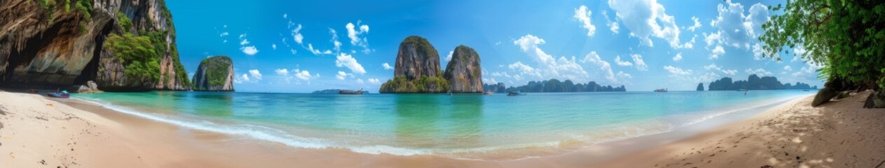 Obraz premium Tropical Beach in Thailand: Summer Vacation on Island Paradise with Blue Skies, White Clouds, Sandy Shores, and Crystal Clear Waters in Krabi and Phuket - AI-Generated High-Resolution Wallpaper