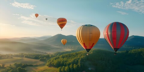 Fototapeta premium Aerial view of multiple hot air balloons flying over mountainous landscape. Concept Aerial Photography, Hot Air Balloons, Landscape, Mountain, Scenic Beauty