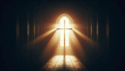 Naklejka premium Light of Faith. Sunlight illuminates a cross-shaped window, casting a serene glow inside a dark room