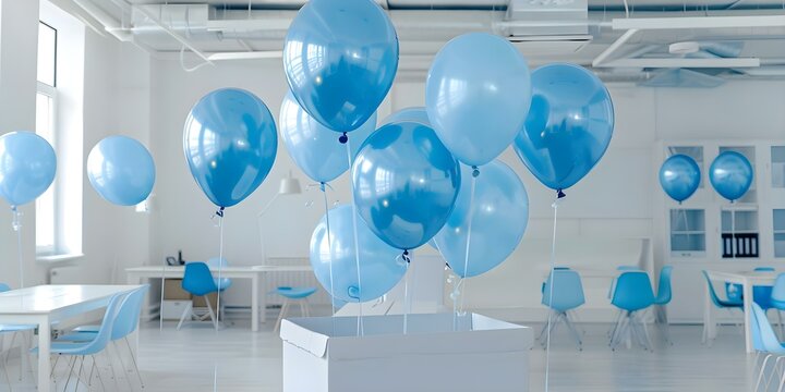 A large white box with blue inflatable numbers and balloons office crowd. Concept Event Decor, Office Celebration, Corporate Gathering, Balloon Decor, Team Building