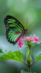 Fototapeta premium Macro close up of a vibrant butterfly delicately sipping nectar from a colorful flower