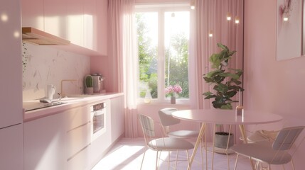 A modern dining room featuring a large wooden table surrounded by matching chairs.