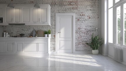 Interior of kitchen in rustic style with vintage kitchen ware and window. White furniture and wooden decor in bright indoor.