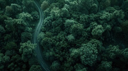 An Aerial View Of A Road Weaving Through A Dark Green Forest