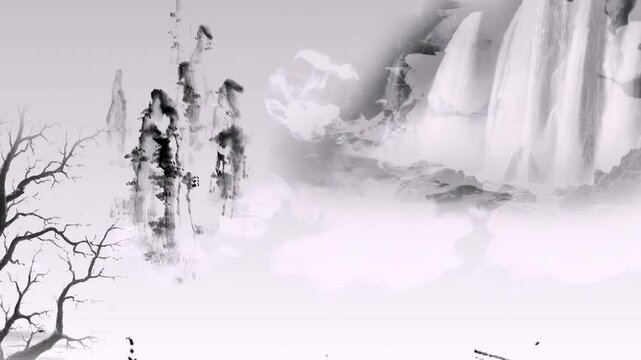 White Black background Fantasy bright ambience landscape of beautiful morning sky, mountains, flowers, lake, ancient house with simple animation in Japanese Chinese anime watercolour style.