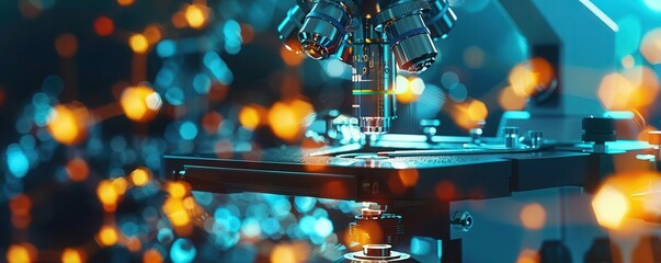Close-up of a high-tech microscope with blurred lights in the background, symbolizing scientific research and technological advancement.