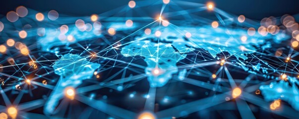 Global network connections overlaid on a world map, representing international communication and digital connectivity.