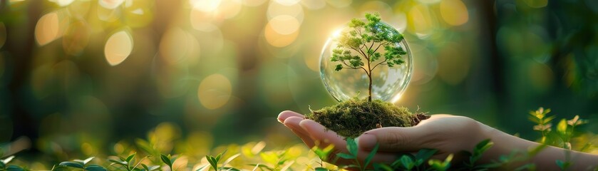 Fototapeta premium Hand holding soil with small tree growing inside transparent globe, symbolizing environmental conservation and sustainability.