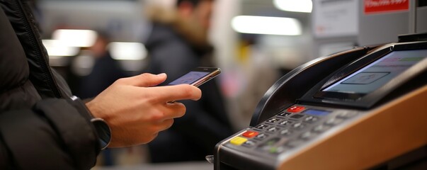 A person is using a smartphone to make a payment at a checkout terminal, demonstrating modern technology and convenience in electronic transactions and digital wallets.