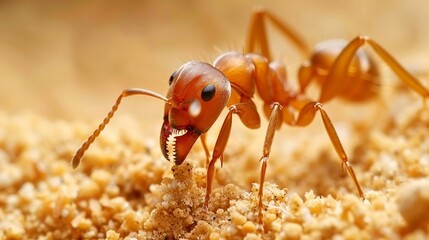 Close up capture of a diligent ant transporting food to the anthill in macro view