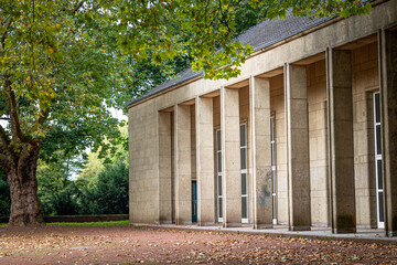 A beautiful autumn day in the Nordpark, Dusseldorf, Germany. Public park scenery with trees and plants.