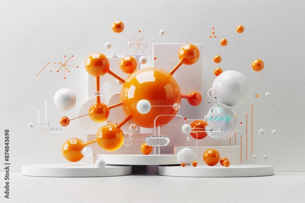 Poster abstract 3d molecular structure with orange and white elements, representing scientific research and