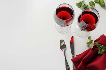 Two glasses of red wine with ivy on a romantic table setting
