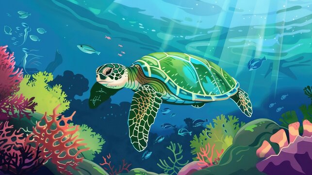 A cartoon green turtle swimming in the Great Barrier Reef, representing Australia.