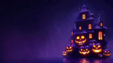 Mysterious Haunted House with Glowing Pumpkins in the Foggy Night