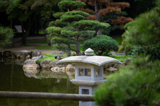 A beautiful oriental garden scenery in Nordpark, Dusseldorf, Germany. Autumn landscape in public park.