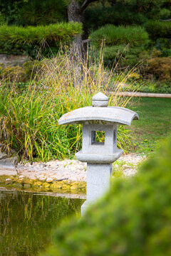 A beautiful oriental garden scenery in Nordpark, Dusseldorf, Germany. Autumn landscape in public park.